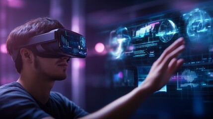 A young man wearing VR headset interacts with a virtual interface in a futuristic setting.