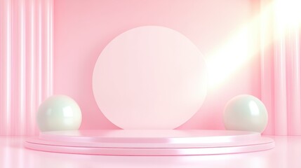 A pink room with a white circle on the floor and two white balls on the floor