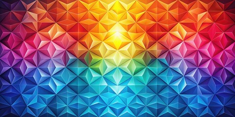 A vibrant geometric pattern of overlapping triangles in a gradient of colors, from rich crimson to deep blue, creating a mesmerizing optical illusion.