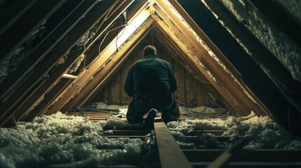 A worker in a residential attic, repairing electrical wires running along wooden beams, with insulation and tools around.