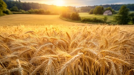 Golden Wheat Field at Sunset in Idyllic Rural Landscape