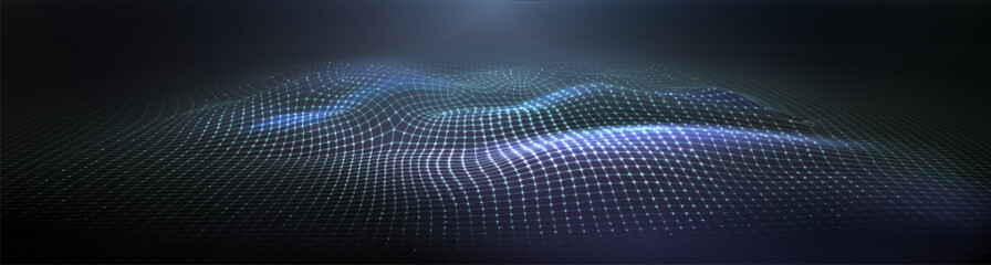 Wall Mural - abstract neon glow blue and purple wireframe 3d wave or mountain map for new retro wave background. 