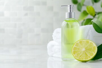 mockup green cosmetic bottle with silver pump, lime slice placed on a background of white towels, gr