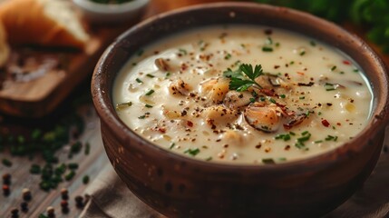 Wall Mural - a close up of a bowl of food on a table