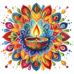 illustration of a Rangoli with lighted lamp in center for Diwali isolated on white background