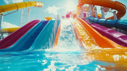 Aquapark with colorful water slides ending in a bright blue pool, a summer scene full of fun with plenty of space for festive copy on a sunny day