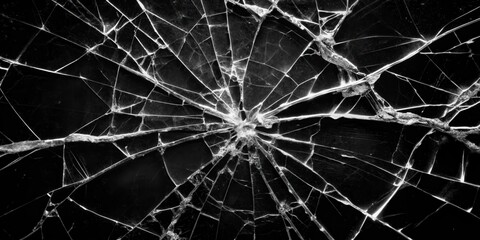 A Detailed View of a Shattered Glass Surface Revealing a Complex Network of Cracks, Lines, and Fragments
