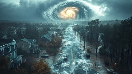 Wall Mural - a 3d render shows a powerful hurricane intensifying as it strikes a coastal city, underscoring the g