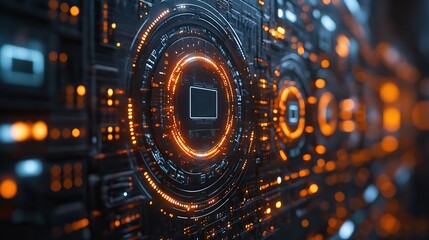Wall Mural - a 3d rendered image showing mobile gadgets within a circle frame, surrounded by thin line icons and 