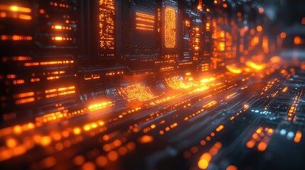 Wall Mural - a 3d rendered tech wallpaper with orange and yellow hues, featuring futuristic design elements for v