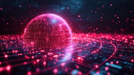 Wall Mural - a 3d rendering of a cyber world in the metaverse, featuring a neon-colored digital globe with advanc
