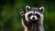 © Elena - Photo of raccoon raising its paw, close-up, on clean solid background, pet relief concept, pets, care and maintenance, cute wild animals environment