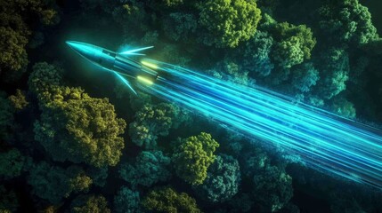 Poster - A sleek, futuristic rocket propels upward through a lush forest, leaving behind a vibrant trail of blue light against the backdrop of tree tops during the evening twilight.