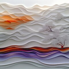 A paper craft landscape featuring stylized hills. trees and clouds in white, orange and purple