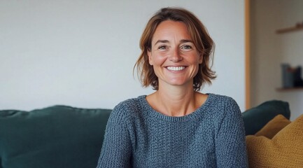 happy 30 years old woman sitting on sofa at home. Smiling lady looking at camera in living room at home. She relaxing on couch.