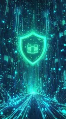 a futuristic digital landscape with a glowing shield symbolizing security and protection.