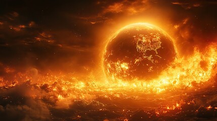 Wall Mural - a burning planet earth, engulfed in flames, represents the urgent dangers of global warming and envi