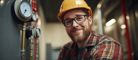 Happy construction worker in a hard hat, smiling and looking at the camera.