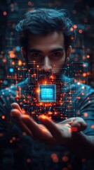 A man holds a glowing digital circuit, symbolizing technology and innovation.