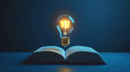 Open Textbook and Glowing Light Bulb Above Idea