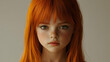 © HQAsset - Digital Portrait of a Young Girl with Long Red Hair and Freckles, Looking Directly at the Viewer with Green Eyes
