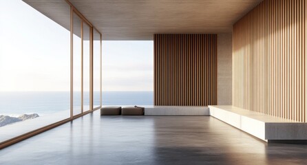 A modern minimalist interior featuring large windows that offer an expansive view of the ocean. The room showcases concrete floors and wooden panels on one wall, creating a serene atmosphere.