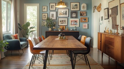 Canvas Print - A modern suburban dining room with a long wooden table, eclectic chairs, and a gallery wall of family photos.  