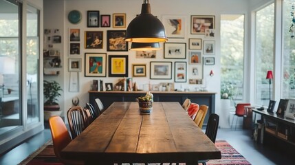 Sticker - A modern suburban dining room with a long wooden table, eclectic chairs, and a gallery wall of family photos.  