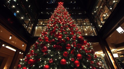 Poster - A festive Christmas tree adorned with red ornaments and lights. 