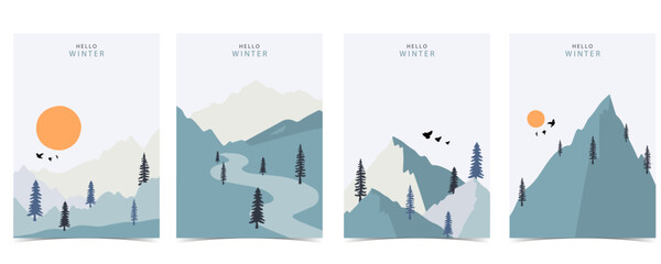 Wall Mural - winter landscape background with mountain,tree.editable vector illustration for postcard vertical si