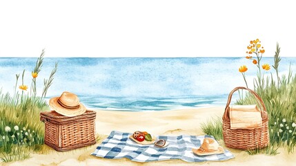 Wall Mural - A cozy scene of a family picnic on the beach, with a watercolor ocean view, complete with picnic blanket and basket isolated on white background clipart  