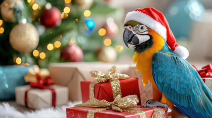 colorful parrot wearing Santa hat sits beside beautifully wrapped gifts, creating festive atmosphere. background features decorated Christmas tree, enhancing joyful holiday spirit