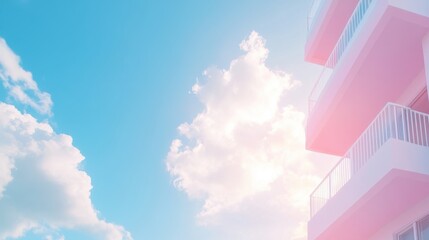 Wall Mural - A building with a white facade and a pink roof