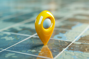 A 3D Illustration of a Yellow Location Pin Icon on a Detailed World Map Reflecting Water