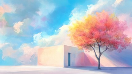 Wall Mural - a tree with pink leaves is in front of a white building