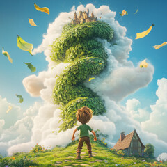 Enchanted Landscape of Jack and the Beanstalk with Giant Beanstalk and Lush Greenery Under Sky