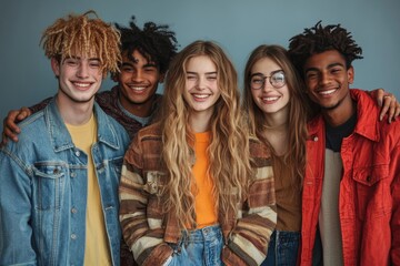 Studio group portrait of cheerful diverse millennial friends standing together. Happy young people in different comfortable casual wear huddling, laughing and having fun. Clothes, Generative AI