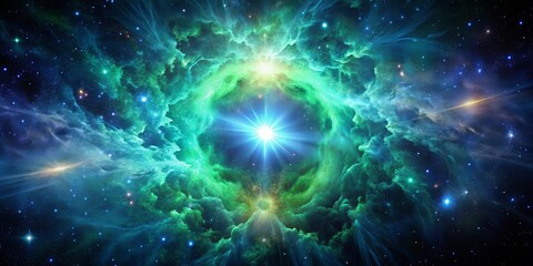 Wall Mural - A celestial dance of cosmic clouds, a bright star shines through a vibrant nebula, illuminating the vastness of the universe.
