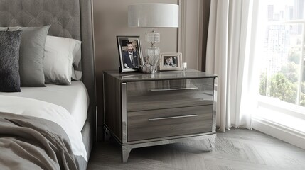 Canvas Print - A sleek, gray wooden bedside table with silver legs and chrome accents stands beside the bed in an elegant bedroom setting. The nightstand holds various items like photos of family members, lamps 