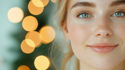 Close-up of a young woman smiling softly with bokeh lights in the background.