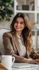 Fototapete - A woman in a business suit is sitting at a desk with a laptop
