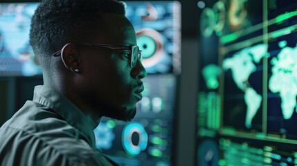 Fototapete - A man wearing glasses is looking at a computer screen with multiple monitors