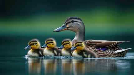 Mother duck swimming with ducklings on her back at golden hour