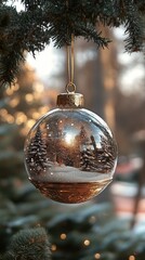 Christmas ornament hanging on tree branch showing winter wonderland