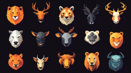 Animal head icon set for use in web design and branding.