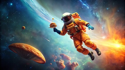Wall Mural - a lone astronaut floats in space, holding a plate of food, surrounded by celestial bodies shaped lik