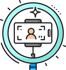Leinwandbilder - Online blogging or social media vlog line icon. Network social media content, Internet multimedia or online blogging line vector icon. Blogger video outline symbol with ring light and smartphone