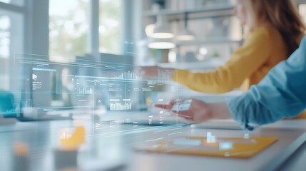 Blur, defocus Background banner IT startup. UX developer and a UI designer are brainstorming over a holographic AR interface in a modern office. mobile app interface. Creative digital development.