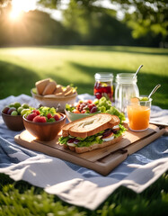 a picnic in the park with healthy snacks, such as sandwiches, salads, and refreshing drinks on a blanket