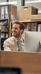 Fototapete - A man in a suit is smiling at the camera while sitting at a desk with a computer